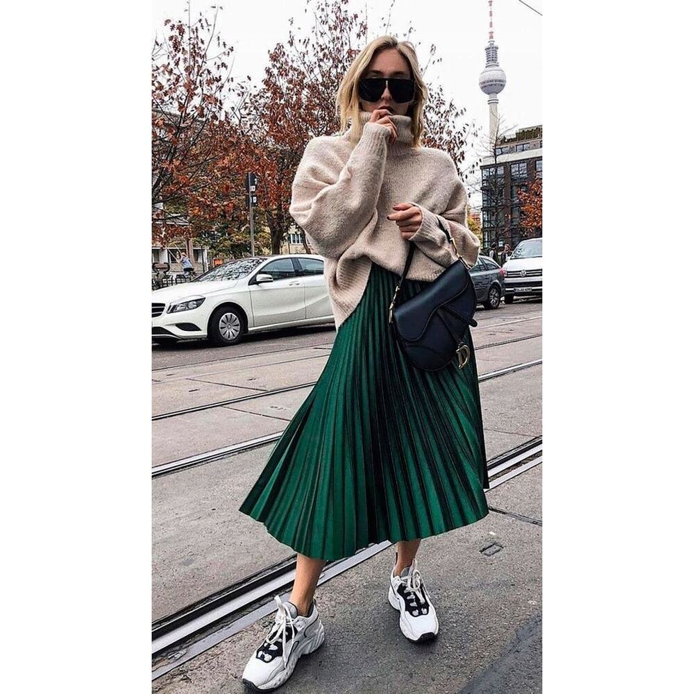 Zara Emerald Green Pleated Midi Skirt Size XS High Rise Chic Preppy Minimalist - Picture 13 of 13